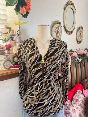 NWT Michael Kors Chain Print Blouse Black Gold Zip Front Top Size M